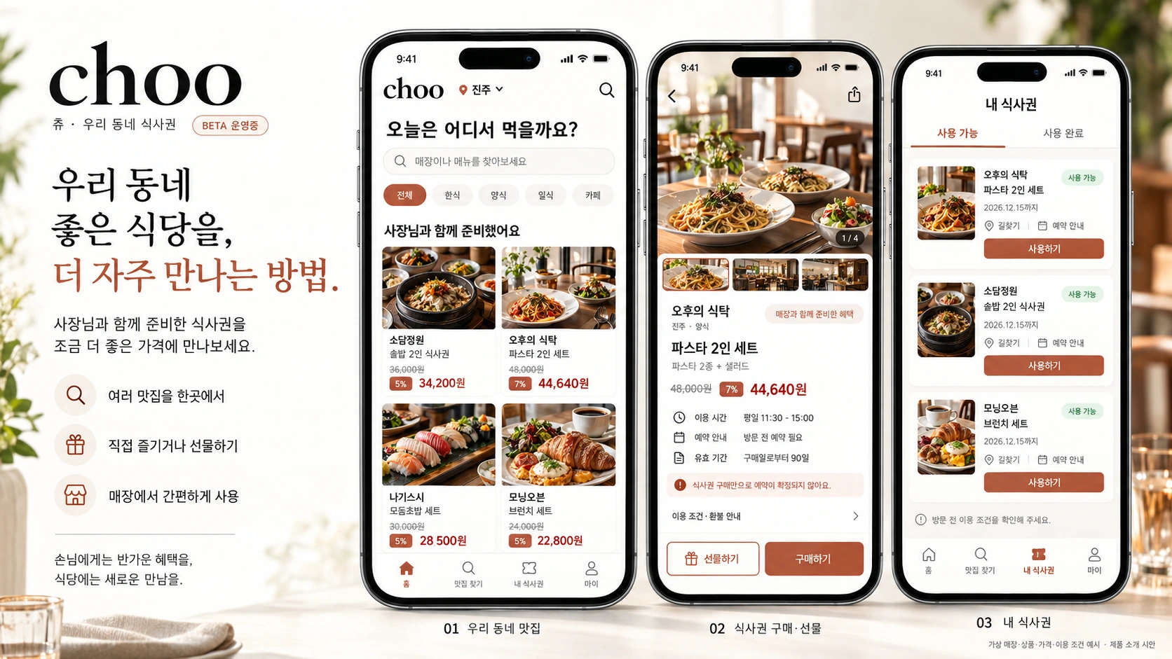 choo 확정 시안: 가상 지역 맛집의 할인 식사권 탐색, 구매·선물과 내 식사권