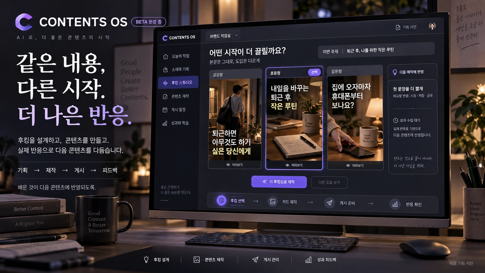 CONTENTS OS 확정 시안: 같은 본문의 후킹 후보 비교, 콘텐츠 제작·게시와 다음 제작에 반영하는 피드백