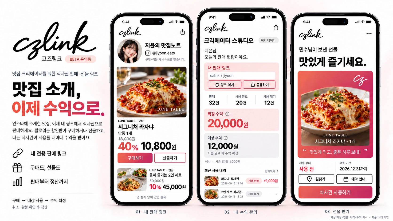 CZLINK 확정 시안: 인스타그램 크리에이터의 맛집 식사권 판매 링크, 구매·선물과 사용 실적에 따른 수익
