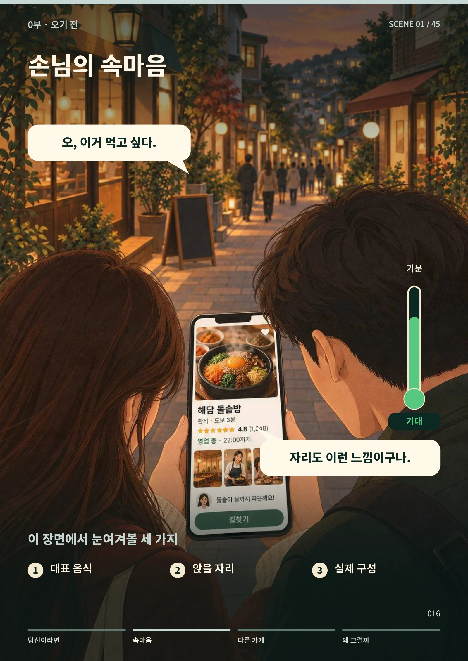 대표 음식과 자리를 휴대폰에서 살펴보는 손님 · 본책 16쪽 발췌