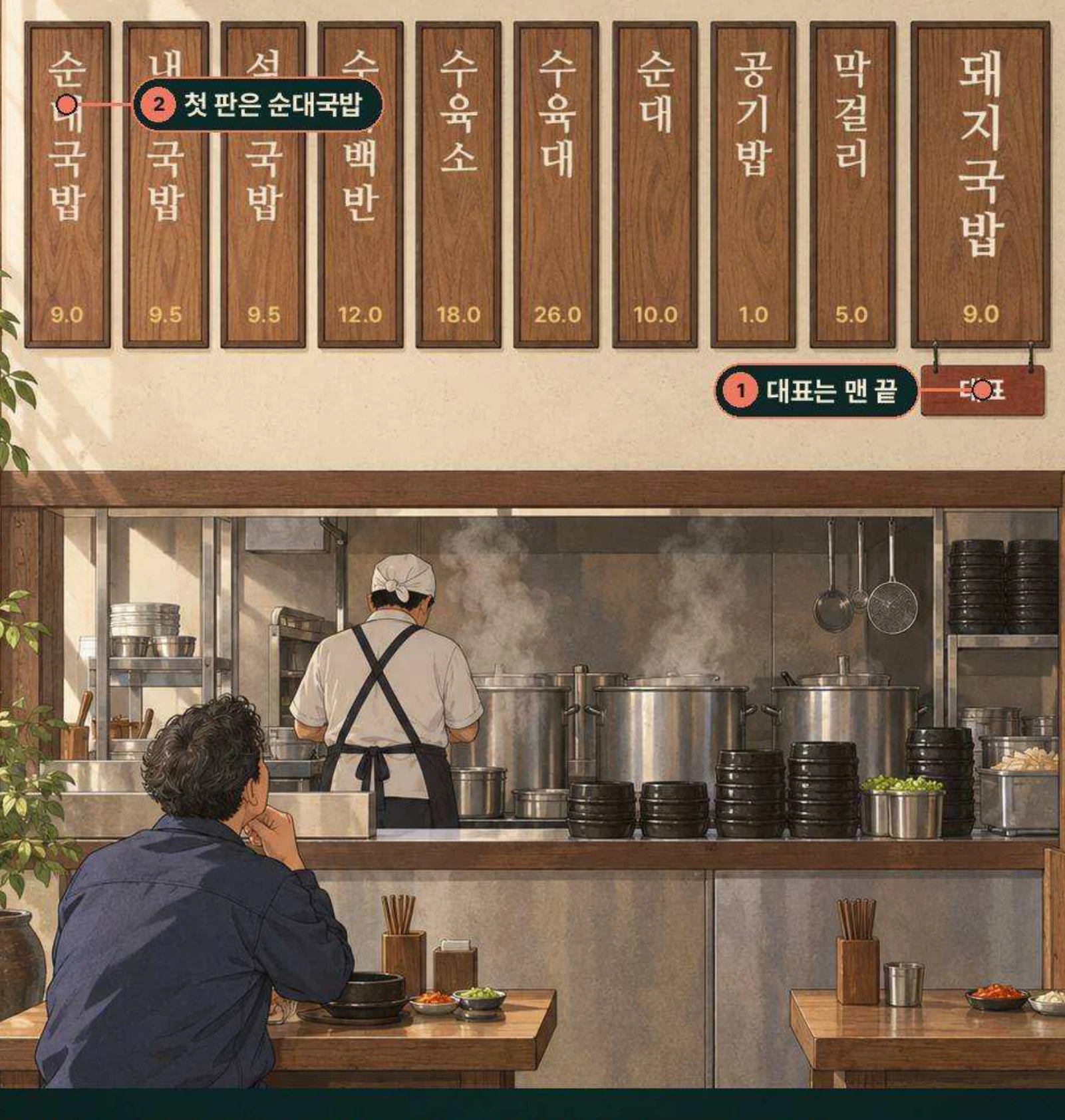 온정국밥 수정 전 · 대표 돼지국밥이 오른쪽 끝에 있는 메뉴판